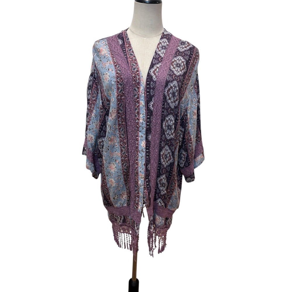 Altar's‎ State Kimono Duster Boho Fringe Purple Blue Floral Paisley Festival